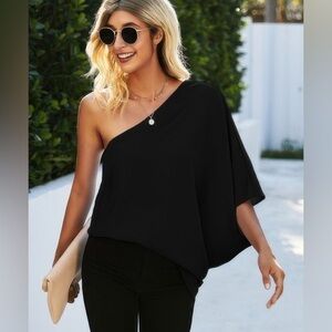 Black One-Shoulder Asymmetrical Tunic Top